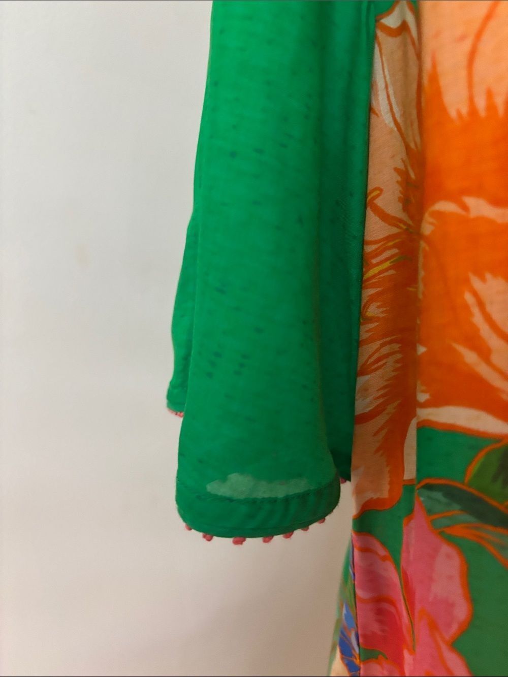 Johnny Was Green Floral Flutter Sleeve Blouse with Pink & Orange Blooms S - Picture 8 of 10